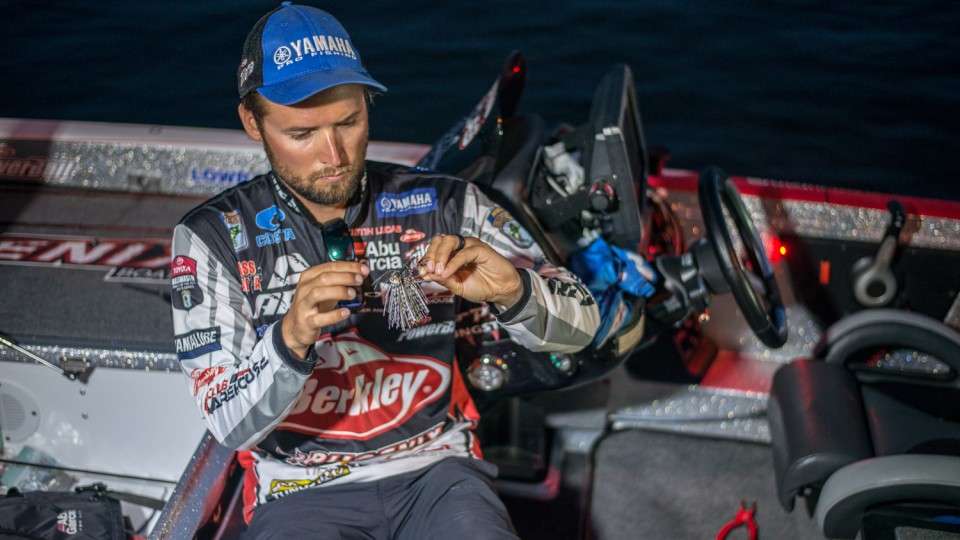 Although he's fiddling with a jig, Lucas relied on a hand-poured, blue and brown, 6-inch worm, rigged with a 3/16-ounce Eco Pro Tungsten Weight and 1/0 hook.