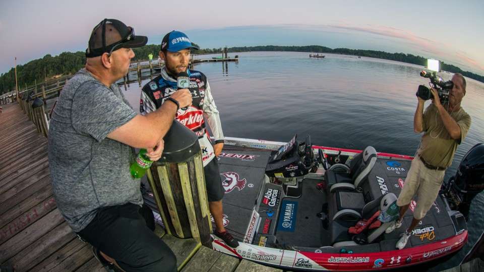 Bassmaster emcee Dave Mercer interviews Lucas before launch, no doubt asking if he could withstand the heat from the field and the sun.