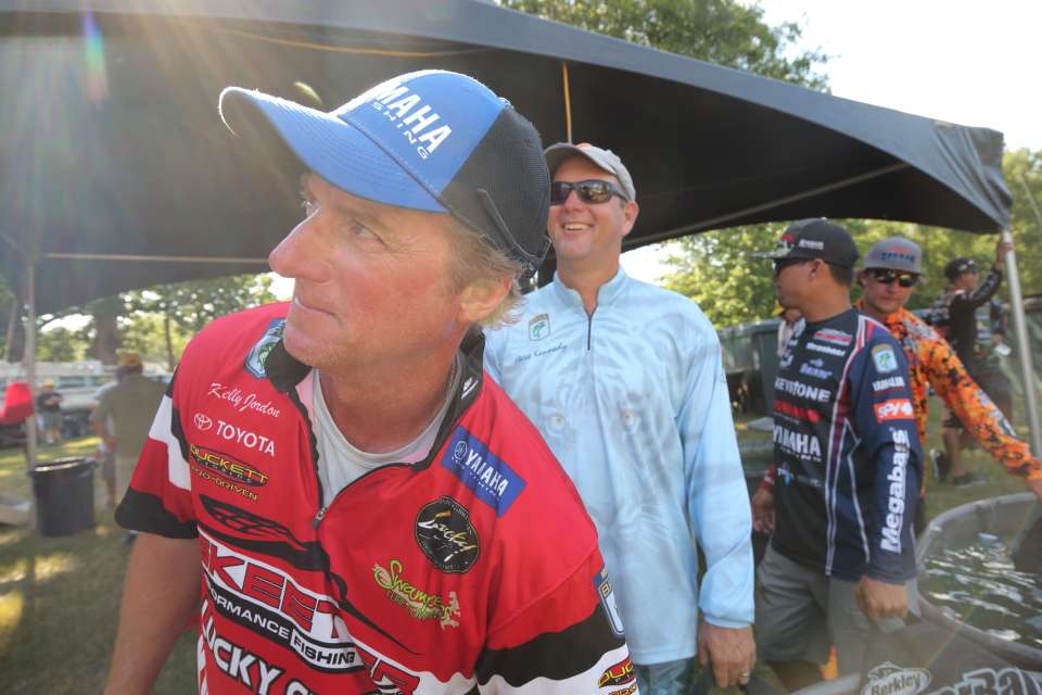 Kelley Jordon and a few more anglers head up to the weigh-in stage.