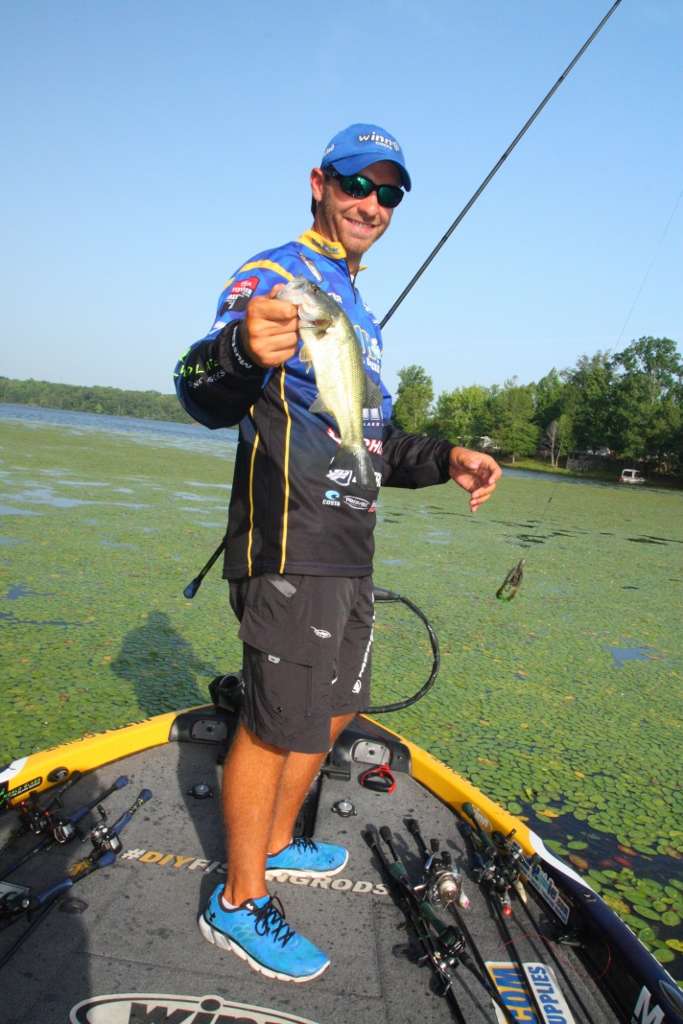 <b>8:06 a.m.</b> Lester catches a 1-pound bass from the pads on a punch jig.