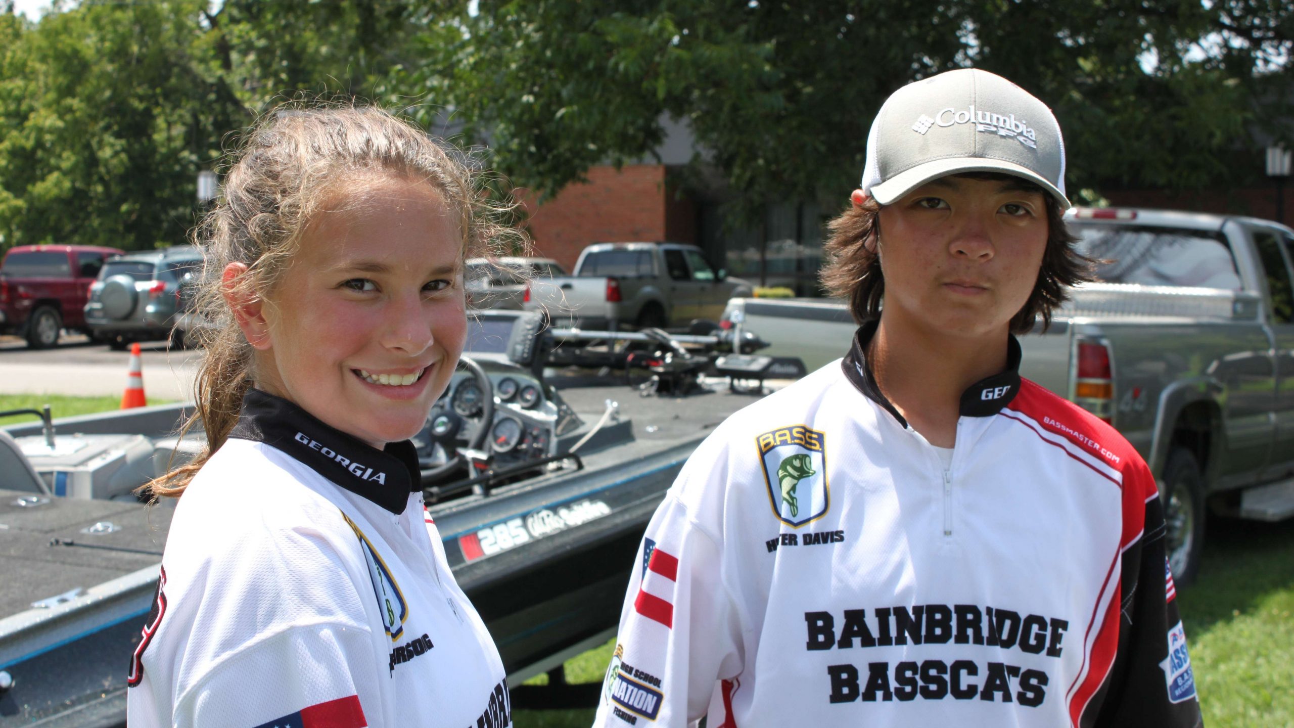 Lanie Birdsong and Hunter Davis of Team Georgia smile before unloading their boat and heading to the weigh-in stage.