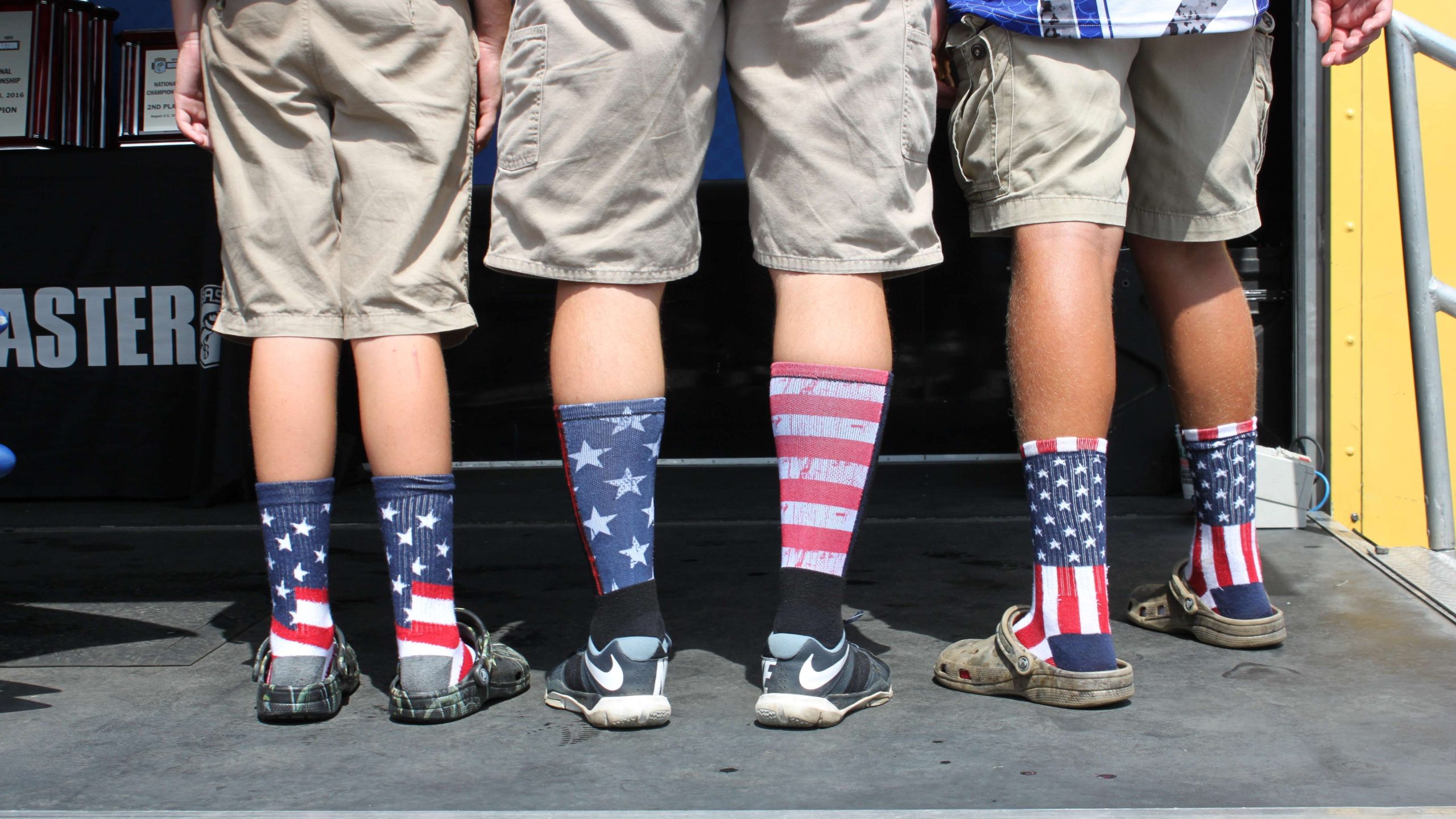 And true to their word, they sported the same American Flag socks they wore on Tuesday. This time, they were joined by B.A.S.S. official Jon Stewart, who also put on some red, white, and blue footwear.