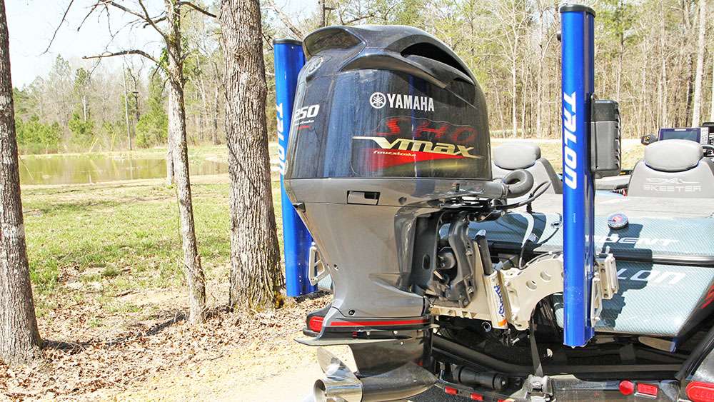To the rear is the power. The 250 hp Yamaha Sho VMAX gets him to where he needs to go, and fast. On either side of the outboard is a pair of Minn Kota Talons. He says the shallow-water anchors are a critical part to his success on the water. 