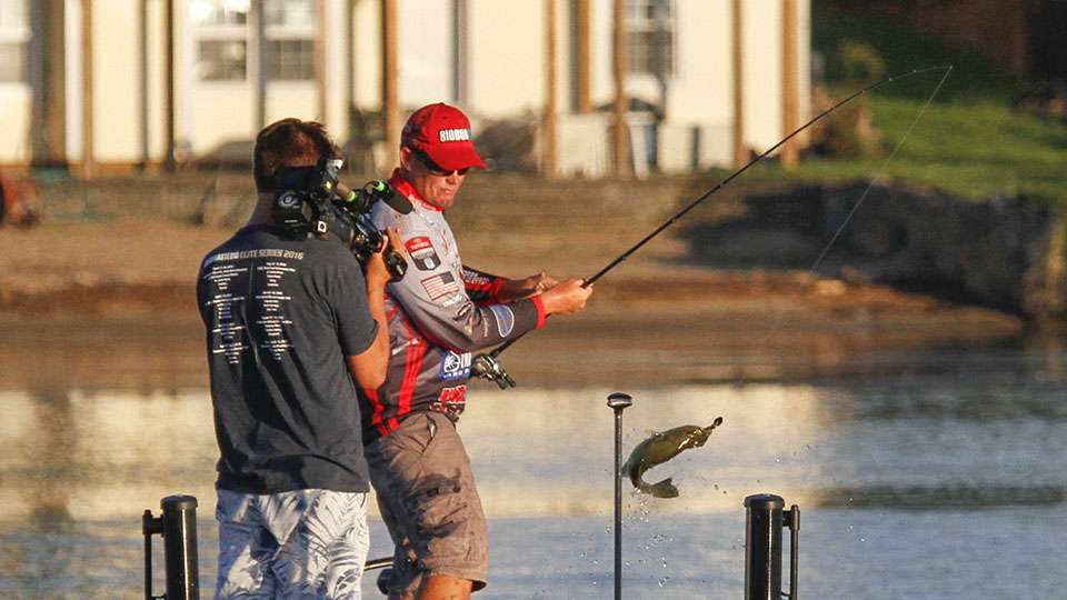 Combs is a prominent crankbait angler and he said on stage that when grass is present he likes to utilize a bladed jig and fish it like he would a shallow crankbait. 