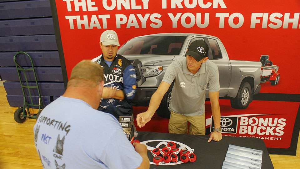 Toyota hands out a custom rod sleeve and other goodies.