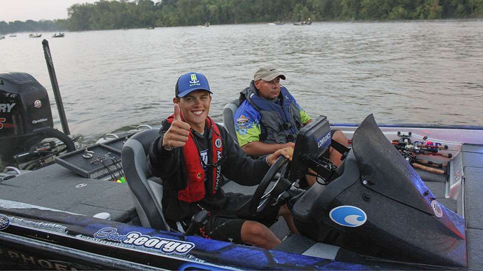 Sam George is all smiles as he heads out. Every boat is out on the James River for Day 2 action. Tune into Bassmaster.com for all the photos of the action.