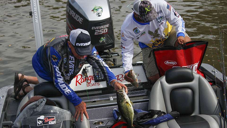 Alvin Shaw and Tyler Woolcott bag up their fish from Day 2 on the James River.
