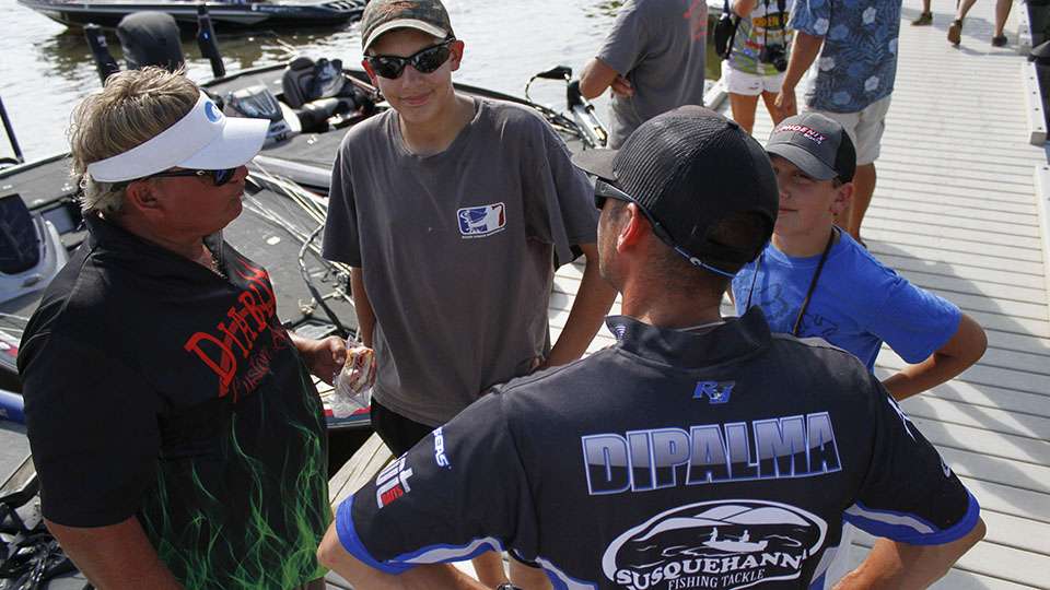 Greg DiPalma chats at the dock as he waits to see if he made the Top 12 cut. He barely missed by just two ounces and finished 14th. He was very close at Oneida in the first Northern Open so he should be in prime position in the points race.