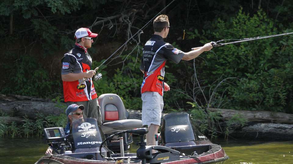 Tristen Raines and Seth Johnson were fishing shallow and trying to put fish in the boat. They only had two on Day 1 at Kentucky Lake.
