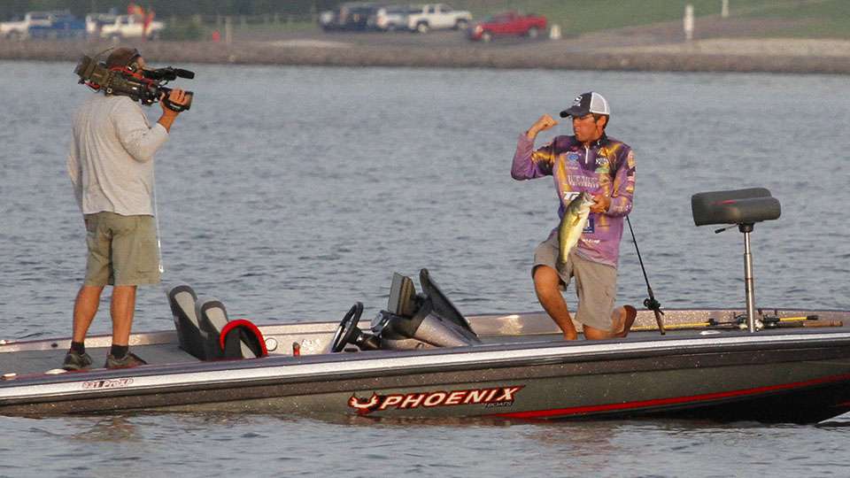Garrett gives a fist pump as he lands another good one and was near the 17 pound mark early on Day 2. 
