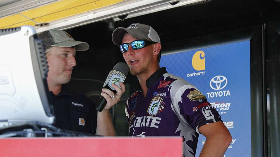 Kyle Alsop of Kansas State weighs in and knows his chances of advancing are slim because he only caught two fish today.
