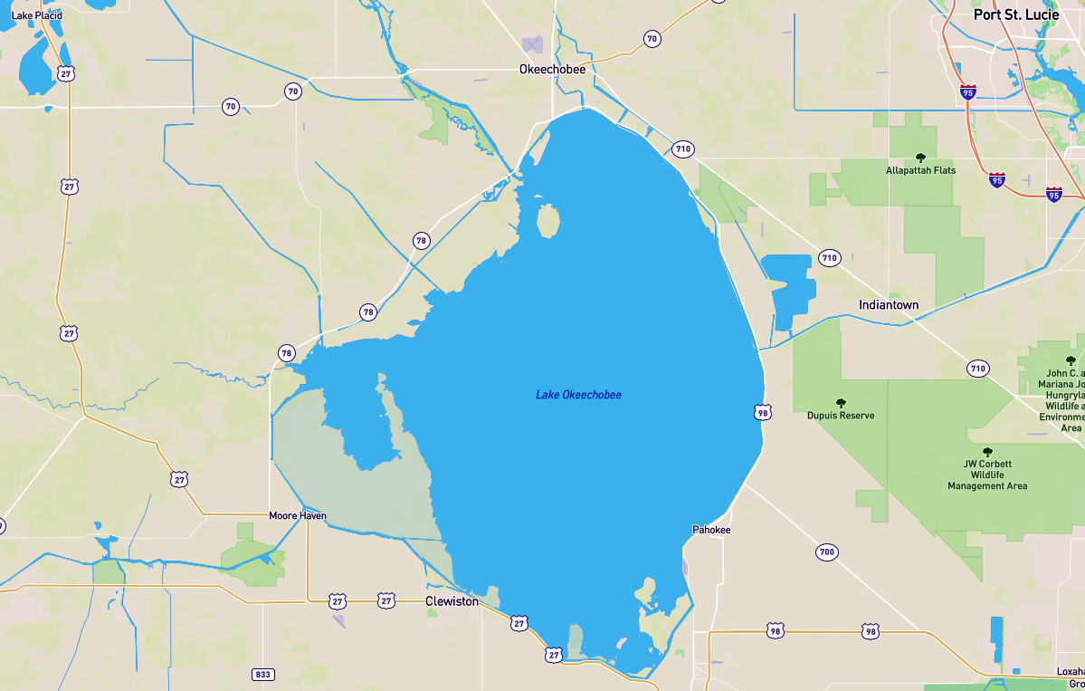 The large lake in southern Florida is often referred to as The Big O, or Florida's Inland Sea. Easy to see why â it's 730 square miles and the second largest freshwater lake in the U.S. (behind Lake Michigan). 