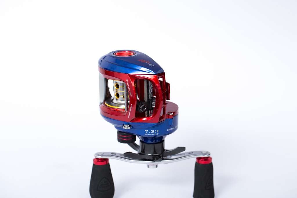 A lightweight carbon composite body and side covers and patriotic style are standouts of the Defender casting reel. So are the 5+1 stainless steel ball bearing and roller ball matchup, instant anti-reverse and a gear ratio of 7.3:1. Double-anodized, machined aluminum drilled spool and a centrifugal braking system with external adjustment are functional features. The Defender retails for $79.99. 