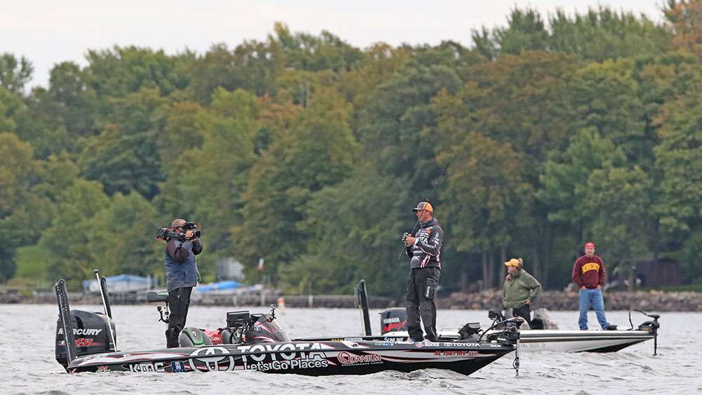 Current Toyota Bassmaster Angler of the Year leader Gerald Swindle had a quick start this morning, and boated his first keeper before we were able to catch up with him.