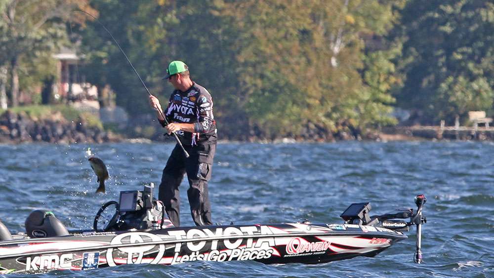 Only a few more minutes go by, and Swindle nails another one. I was eating a sandwich when he hooked up, so the hookset and fight didn't make the gallery. This bass looks solid, too.