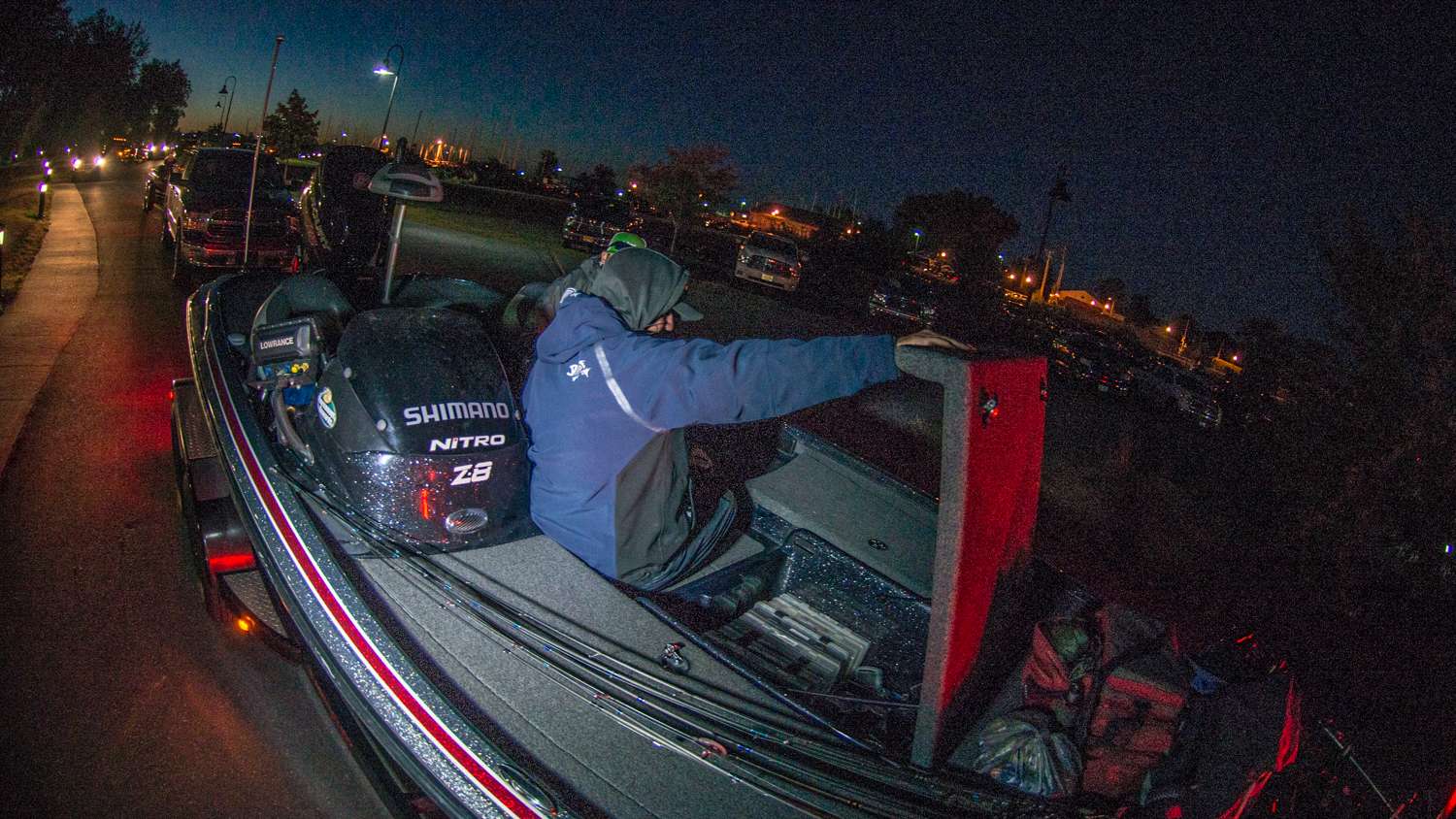 While waiting in line to launch several anglers finish rigging up their Day 1 baits. 