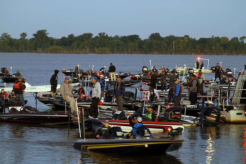 The tournament is the second stop of the season for the division. In the background is the Red River, where the anglers will fish the next three days. 