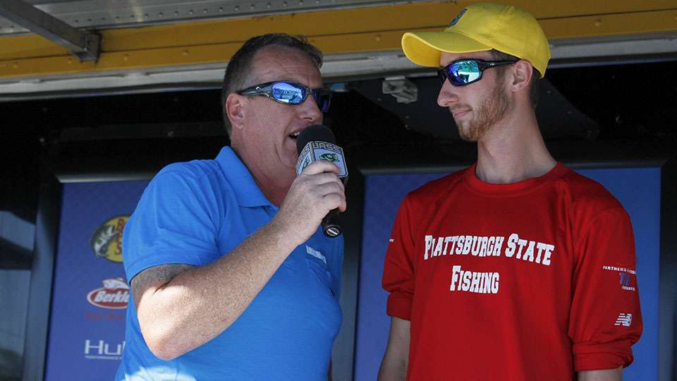Senior tournament director Chris Bowes started Day 1 weigh-in of the Bass Pro Shops Bassmaster Northern Open at Lake Champlain by introducing his guest weigh master for the week Connor, an angler on the Plattsburgh State fishing team.