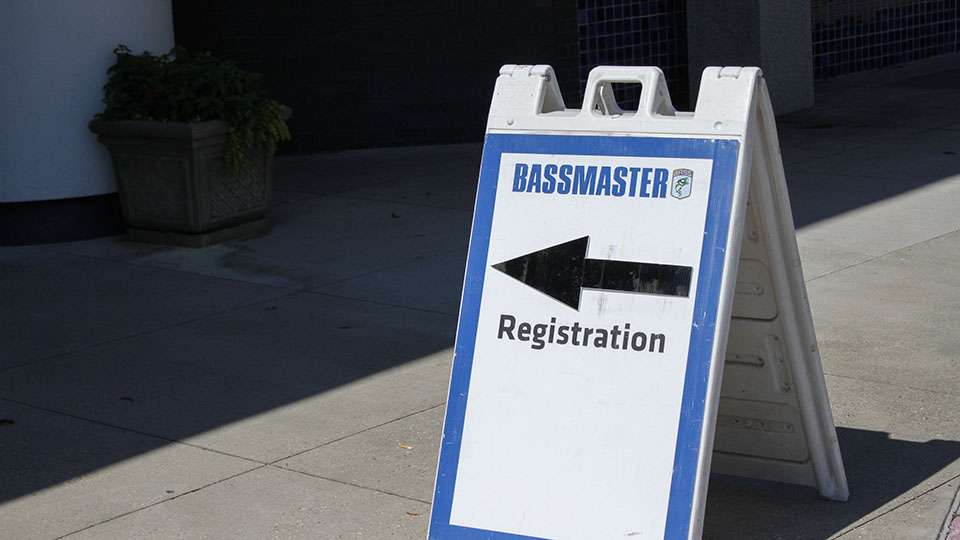 The Bassmaster Registration sign pointed the way for the 180 pros and co-anglers.