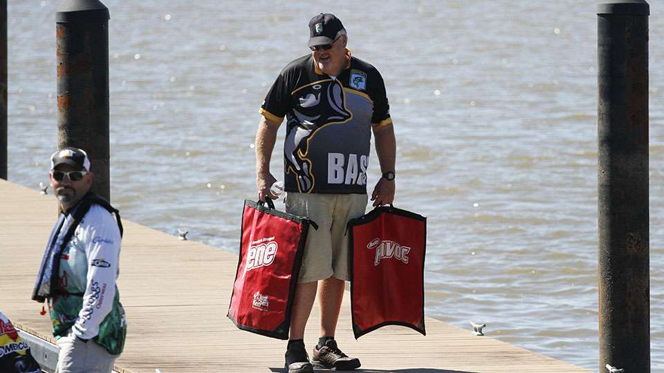 BASS tournament officials were waiting with Berkley weigh-in bags for anglers to grab and put their fish in.