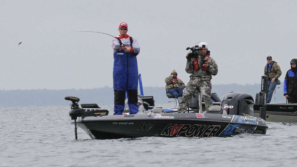 Combs opted to fish this spot with a baitcaster as well, like I had seen him do on Day 1. His bait of choice was a jig.
