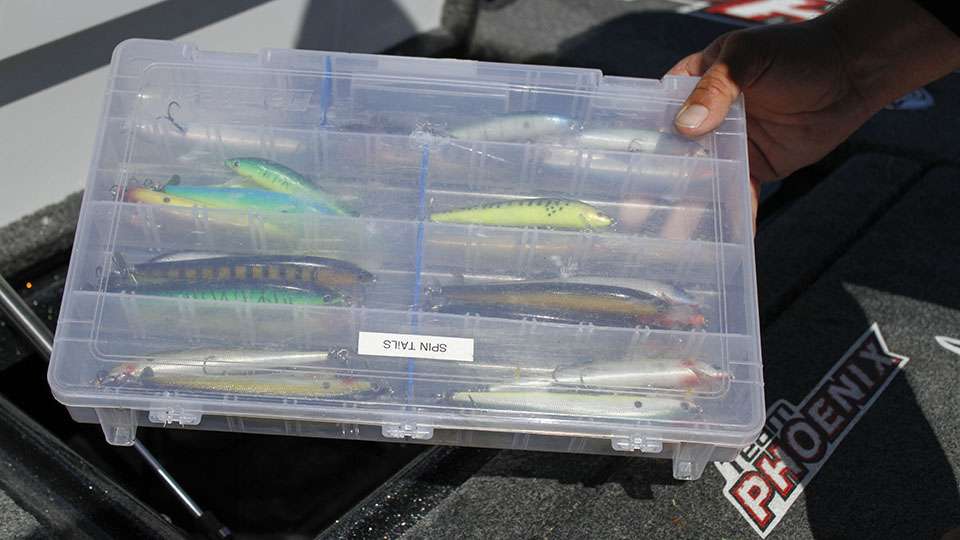 In his front compartment closest to the trolling motor he has one box and one only; his spin tail jerk baits.