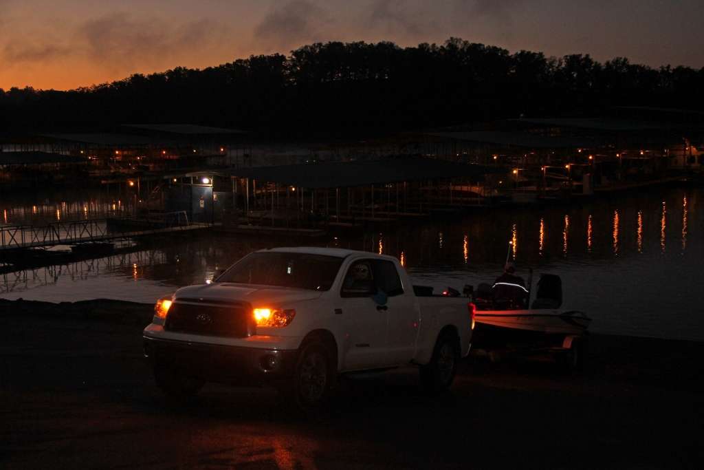 Tournament day starts in the pre-dawn as a Tundra backs down the ramp near Long Creek Marina on Table Rock.