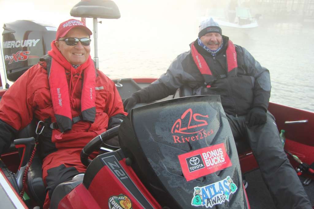 Highly experienced and accomplished regional anglers Mike Roller and Ed Barton are bundled-up and ready for a chilly run in the fog.