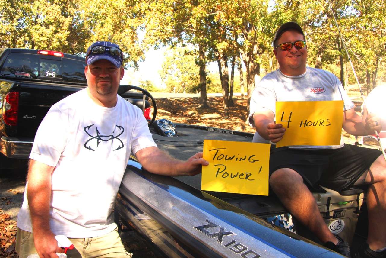 Chris Atchison and Austin Goodson traveled 4 hours from Oklahoma. And Atchison says he loves the towing power his Tundra has when hitched up to the teamâs Skeeter boat.