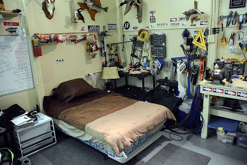 Jocumsen slept on this bed during his rookie season of the Elite Series. He did it all in the same room: sleep, eat, rig tackle and pack and unpack for the next road trip. And repeat. 