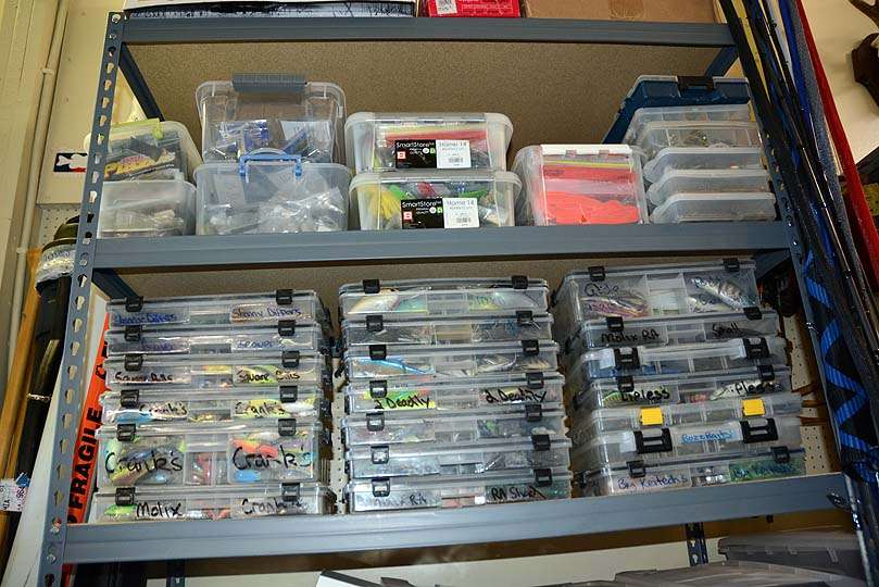 On this shelf are lures separated by category and stored in these boxes. Like many pros, Jocumsen takes the lure boxes he needs for a given tournament, leaving behind the rest for another time. 