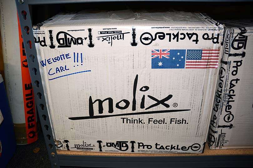 Molix is an Italian brand of professional-grade hard and soft baits, jigs, wirebaits, terminal tackle and rigging accessories. The company, a new sponsor, welcomed Jocumsen to the brand by adding a personal note and flags on this box shipped from Italy. 