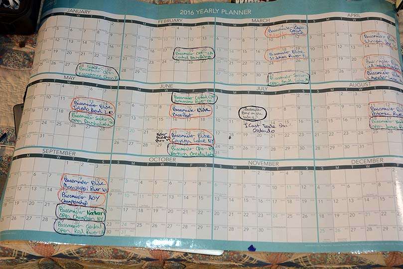Count the circles and the sum is 20 events spread across nine months of 2016. In July, Jocumsen traveled to Orlando for ICAST, the fishing tackle industryâs annual trade show. Whatâs not on the calendar are numerous appearances on behalf of sponsors and other related business obligations. Nowhere on the calendar is the word âvacation.â