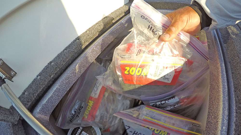 ... You'll find an array of his favorite Zoom plastics, including the Brush Hog. He keeps these baits organized inside Ziploc bags, not very high tech, but highly effective. 