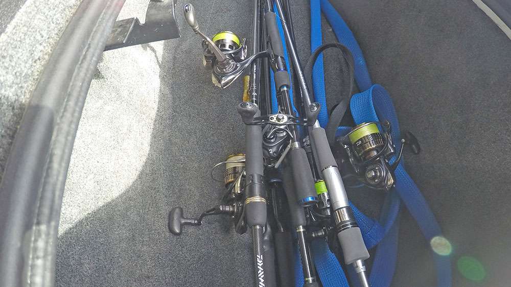 His rod selection is minimal. Fewer rods means easier decisions. In fact, much of what you see here are backups to his two primary rod-and-reel combos for this tournament. 