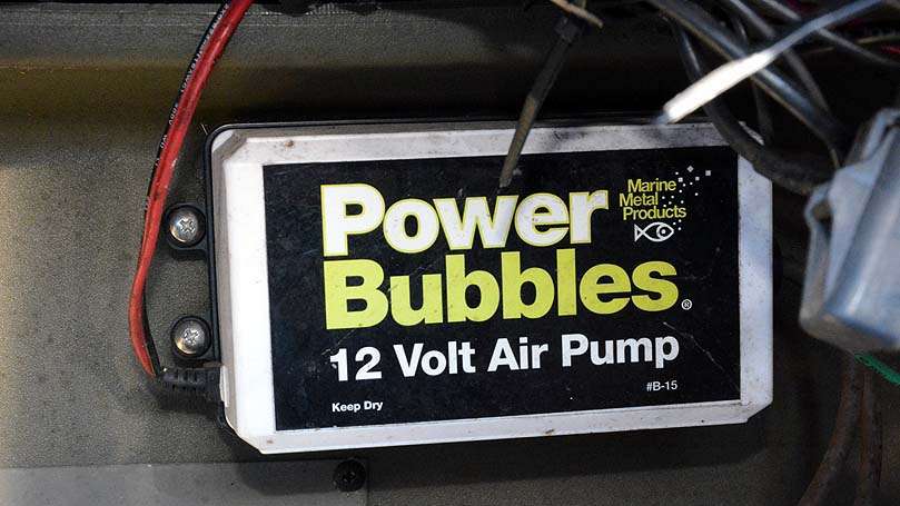 Aeration for the portable cooler comes from this Power Bubbles 12-Volt Air Pump. The pump is mounted beneath the console for keeping it dry. 