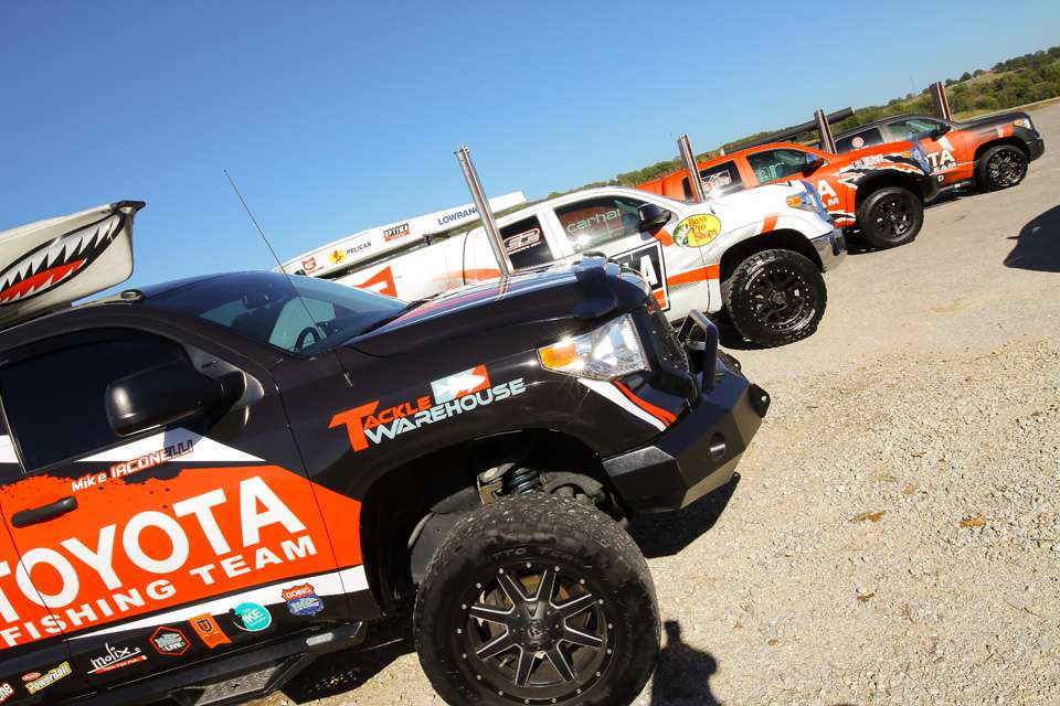 The trucks used by Toyota Fishing Team members were lined up in the parking lot. 