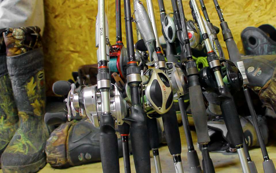  In the corner stood several Quantum rod and reel combos he had removed from the boat for the tournament on Smith Lake. 