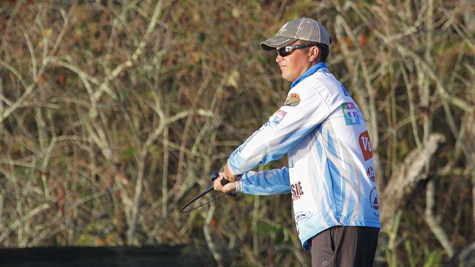 Early on Day 2, Hudnall mixed it up between topwater and flipping.