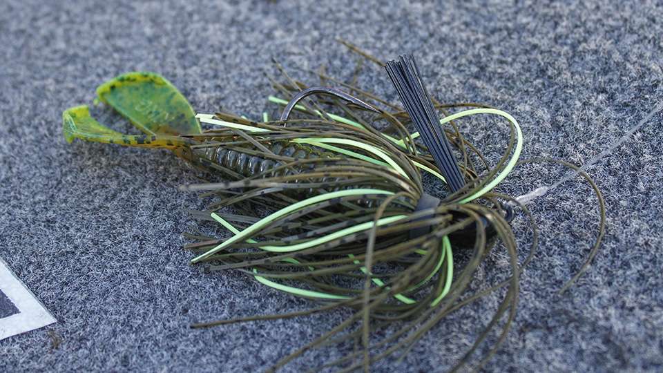 Another heavy cover lure was this 1/2-ounce Cajun Boss Jig with a Strike King Rage Twin Tale Menace. Note the green dye, again applied for added strike appeal in the dingy water. 