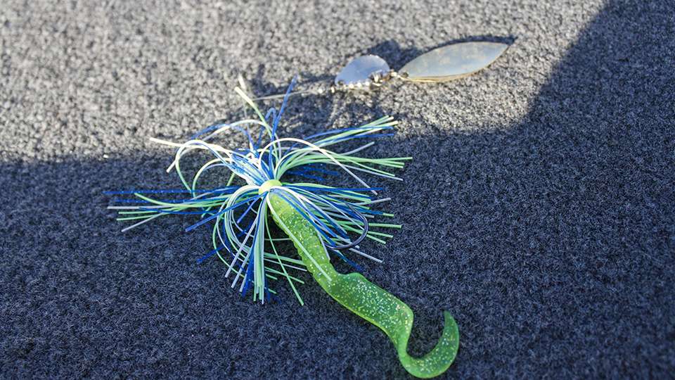 For covering water Kelehan used this 3/8-ounce Cajun Boss Spinnerbait, sporting gold willowleaf and silver Colorado tandem blades. He added a green pumpkin Mister Twister Twin Tail trailer to increase strike potential.  
