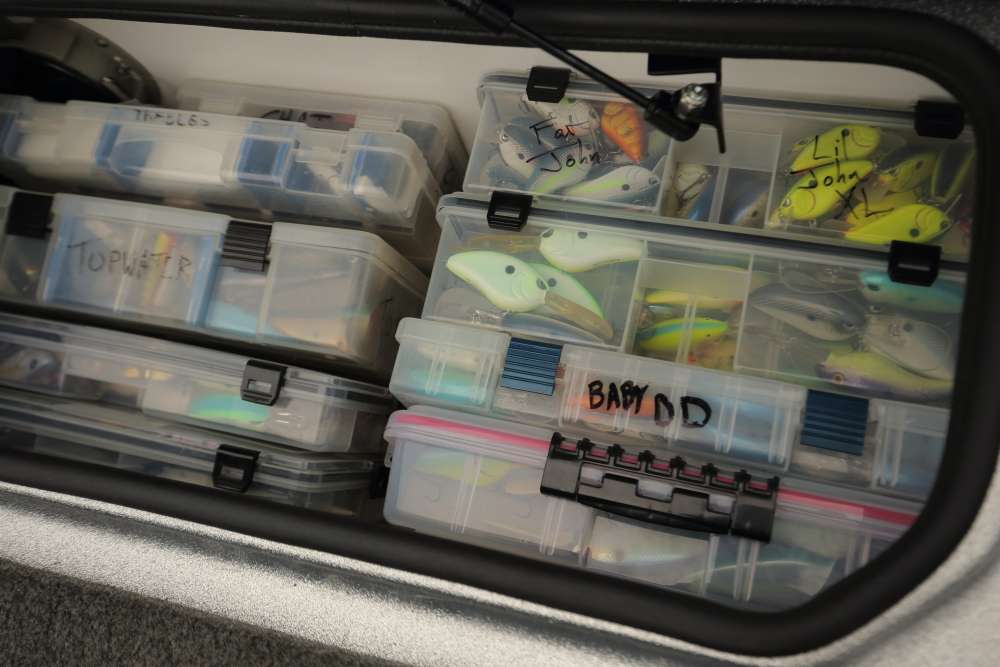 This compartment is filled with hard baits, including several of the crankbaits Crews helped design for Spro, like the Baby DD, the Little John and the Fat John.