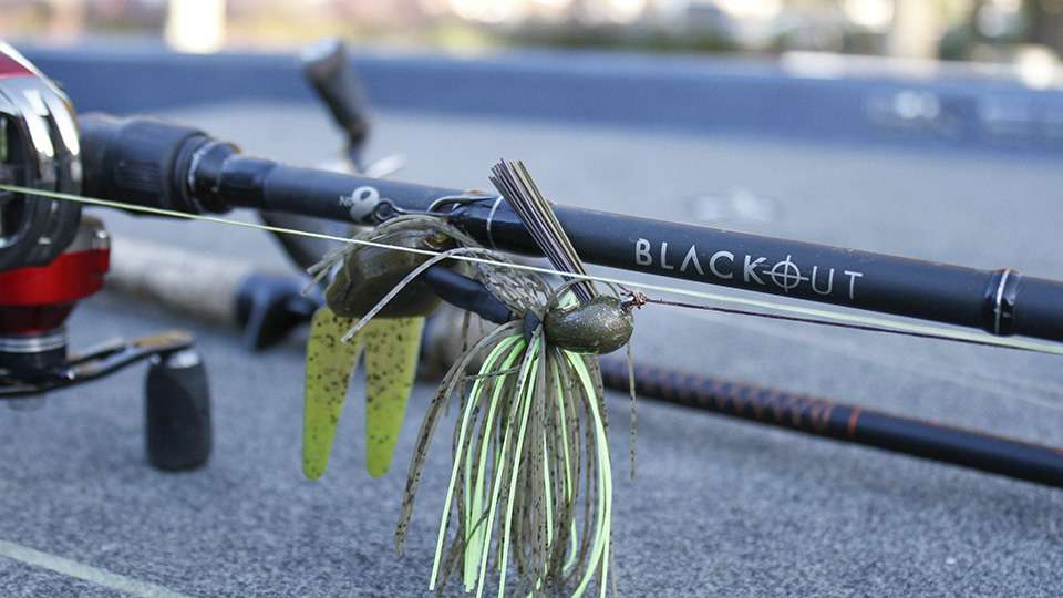 For flipping heavy cover Billeaud chose a 1/2- or 3/4-ounce Falcon Lures Jig, green pumpkin/chartreuse, with a Zoom Super Chunk, green pumpkin, with chartreuse dye added to the tail.