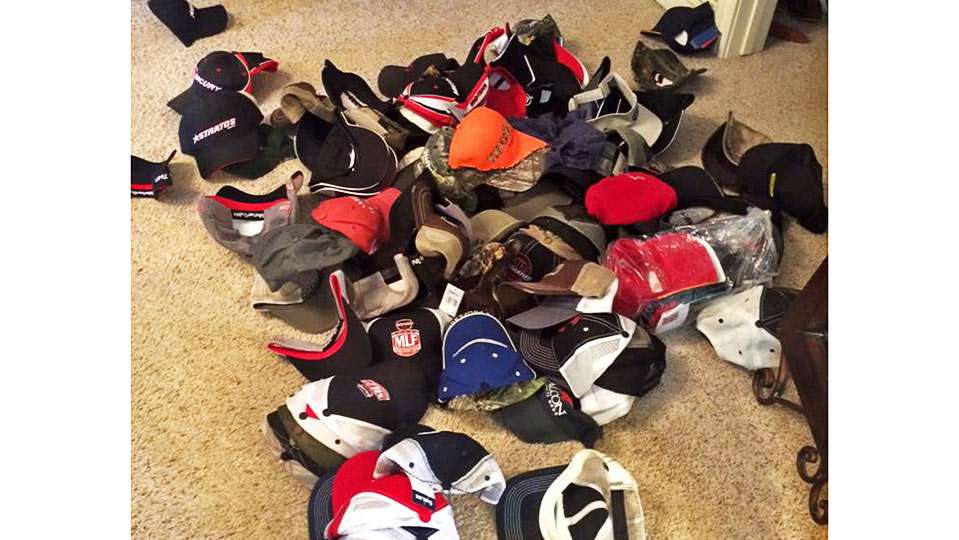 Stacy McClelland seeded the hat idea when she dumped a box of 100 or more of husband Mikeâs hats on the floor and wrote, âAnd he says I have a shoe problem.â She had hashtags #timetopurge then #gladhesontheroad. 