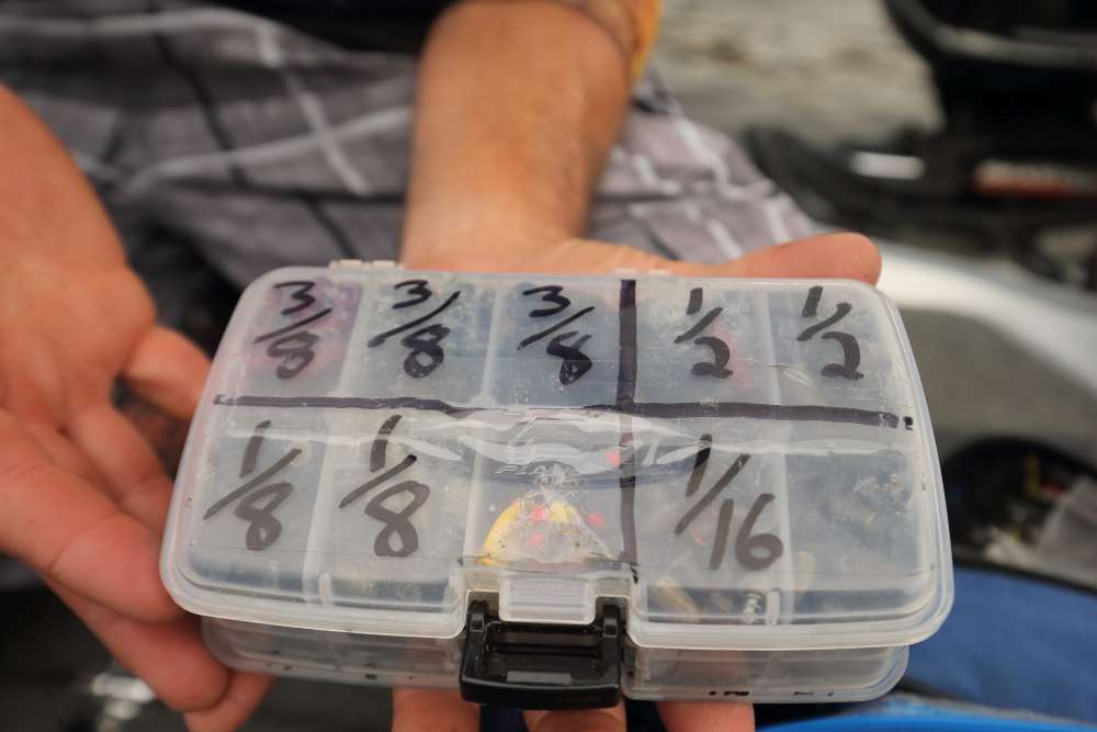 A box of worm weights is marked on the outside with a Sharpie.