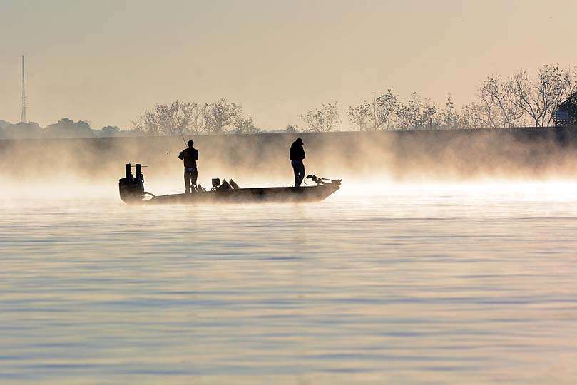 A fog blankets the lower end of Lake Conroe at the dam. Official practice is underway for the Academy Sports + Outdoors B.A.S.S. Nation Championship presented by Magellan Outdoors. 