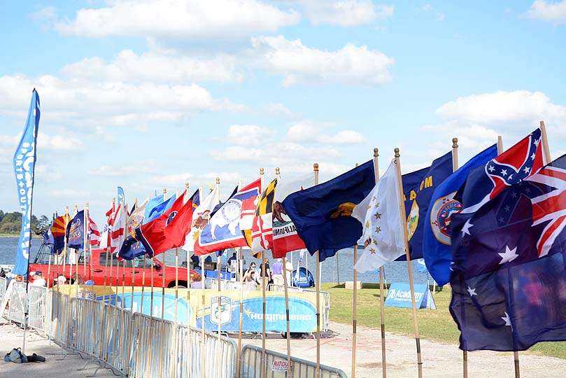Flags from nine countries fly at the Day 1 weigh-in for the Academy Sports + Outdoors B.A.S.S. Nation Championship presented by Magellan Outdoors.