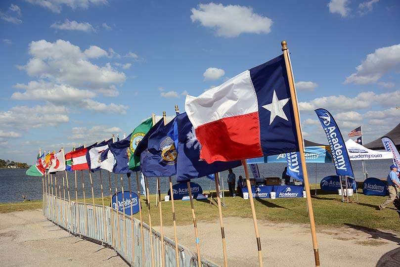 Flags from the states represented in the competition also fly at the weigh-in site at Lakeview Marina.