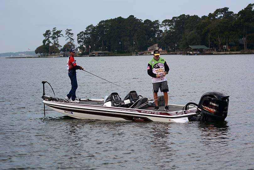 At the entrance to the marina are Ron Mace of Washington and non-boater David Porter of Texas. Mace is 20th in the boater standings, while Porter is 18th in the non-boater standings.  