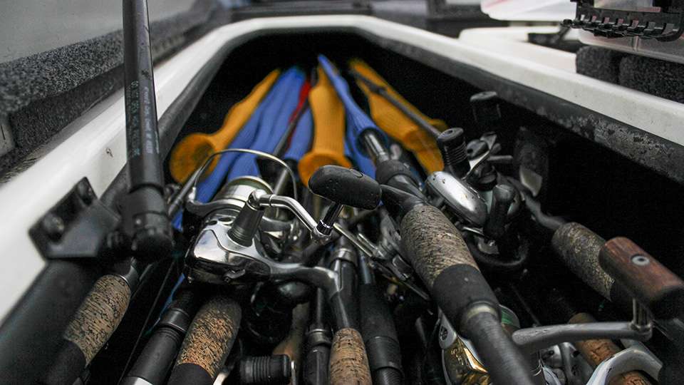 Another look at his rod locker shows his spinning rods laying on top and ready for use at the famed smallmouth fishery of Mille Lacs.